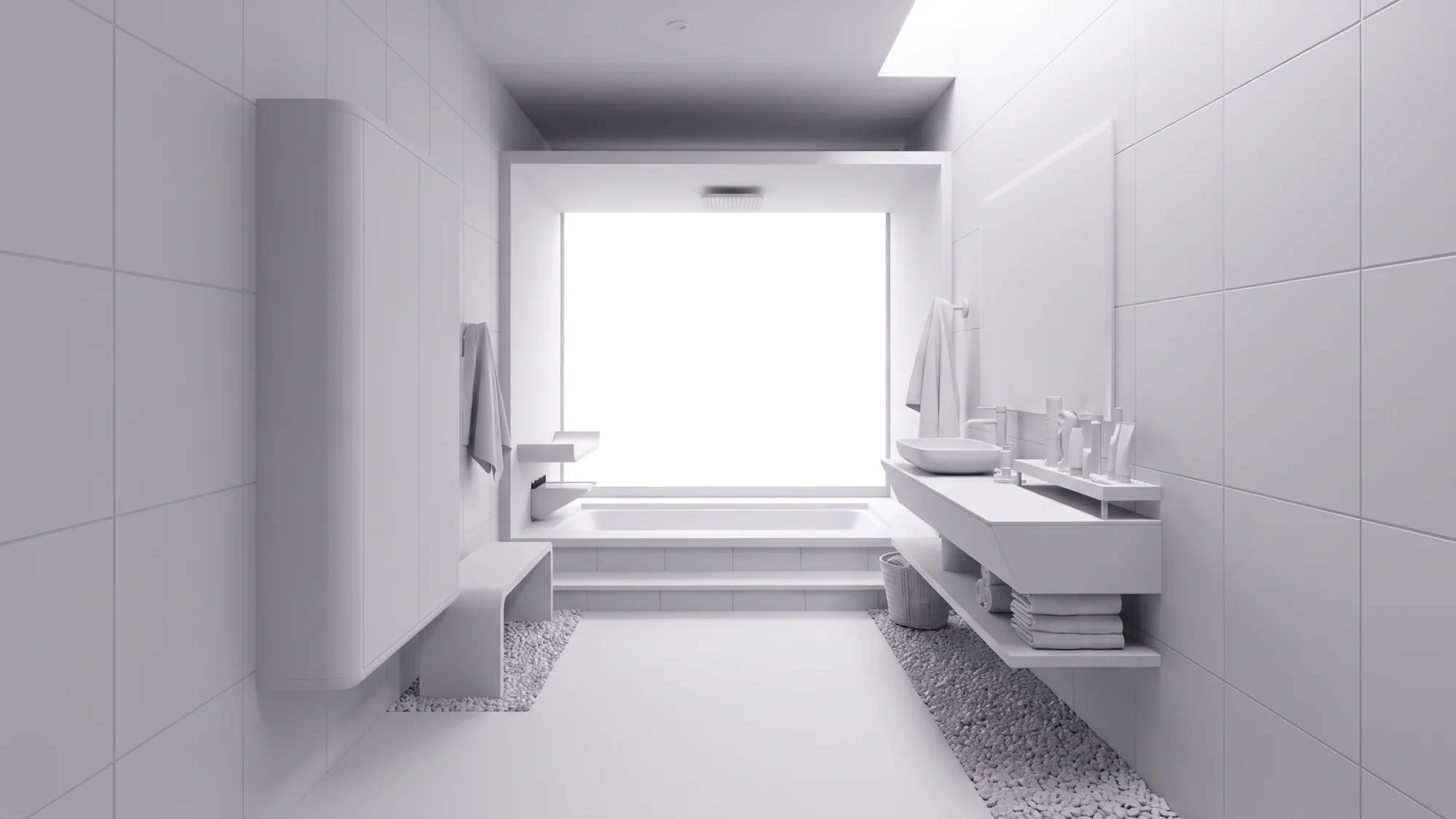 Baño con materiales blancos y fondo de ventana blanco para estudiar la iluminación