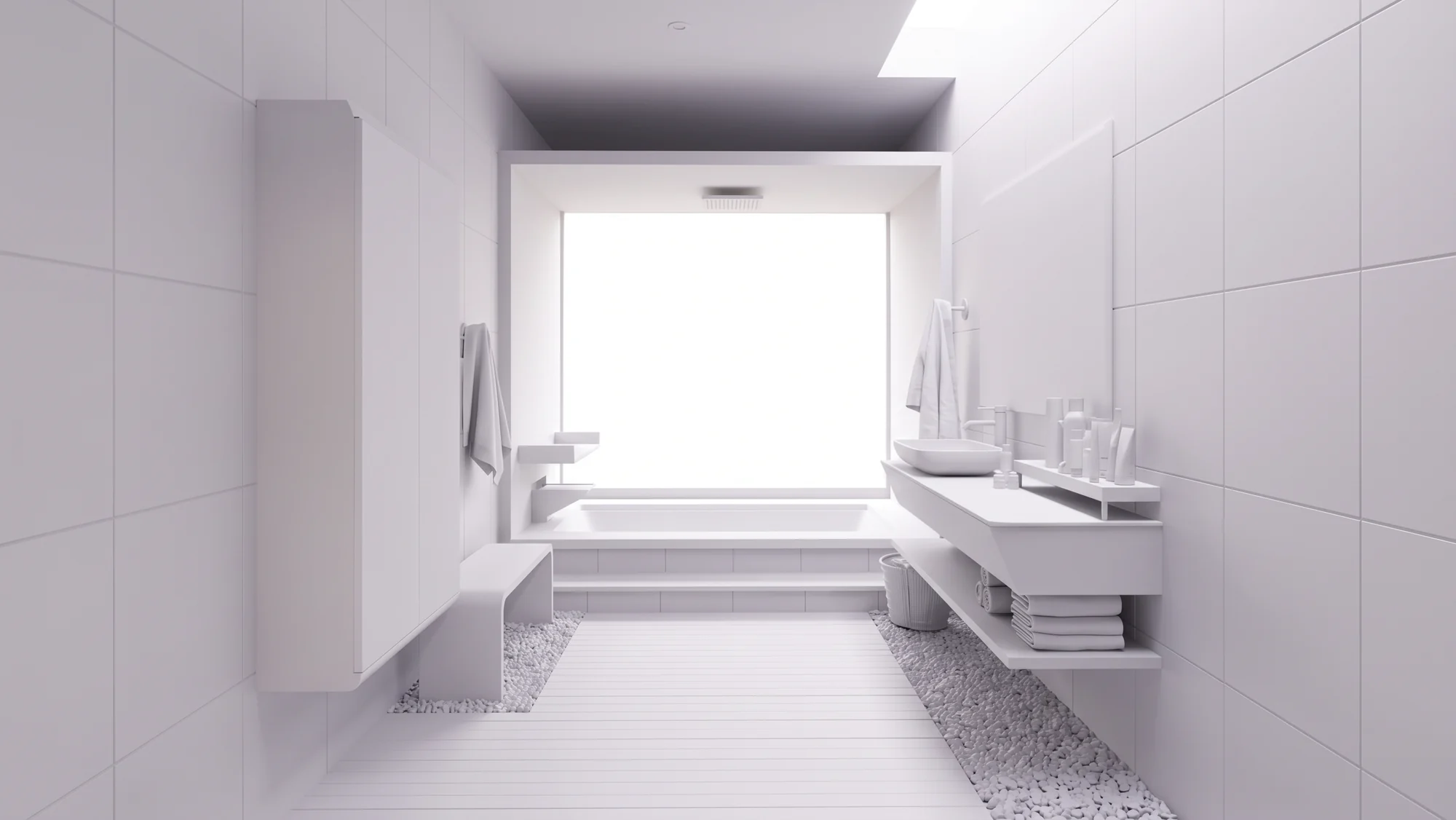 Baño con materiales blancos y fondo de ventana blanco para estudiar la iluminación