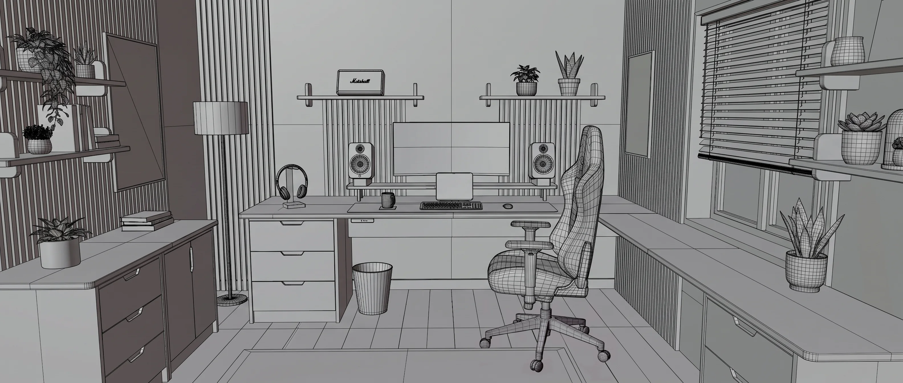 Modelado 3D del estudio con malla wireframe visible