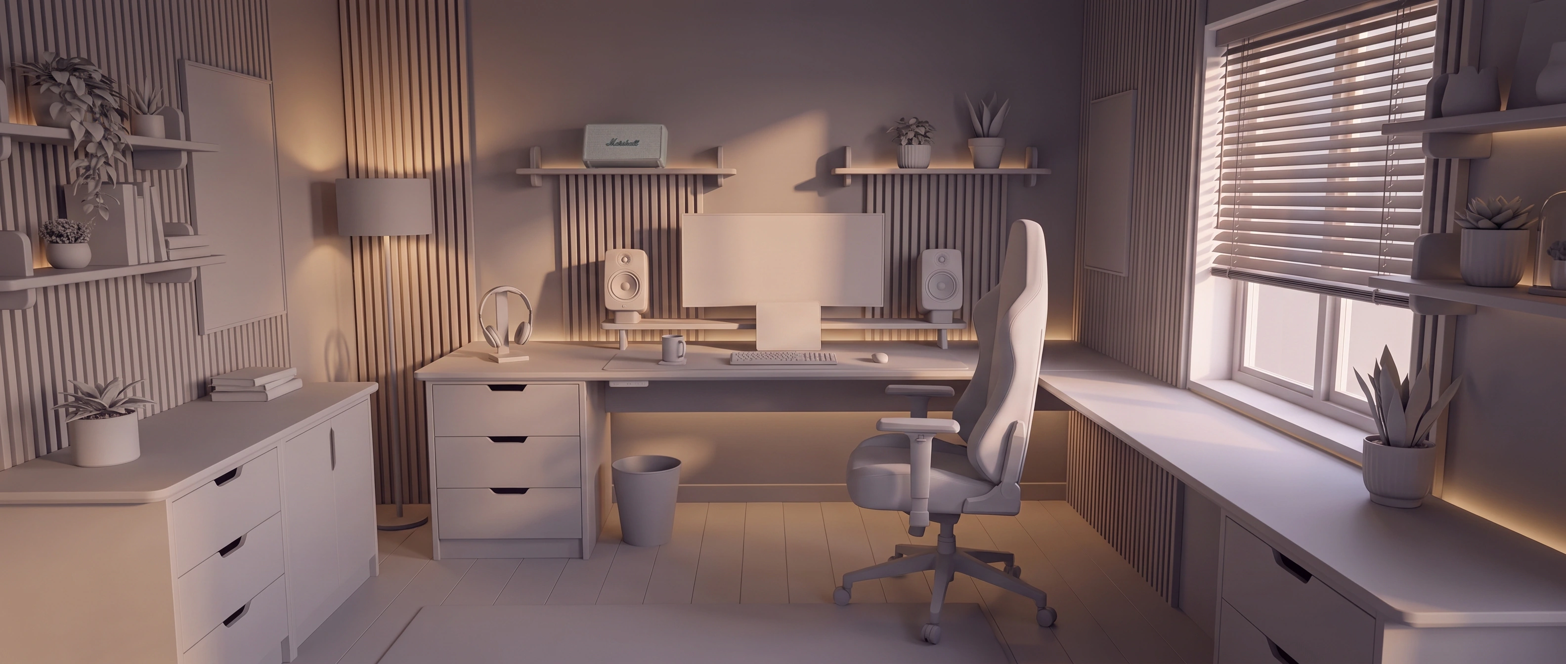 Estudio con materiales blancos para analizar la iluminación