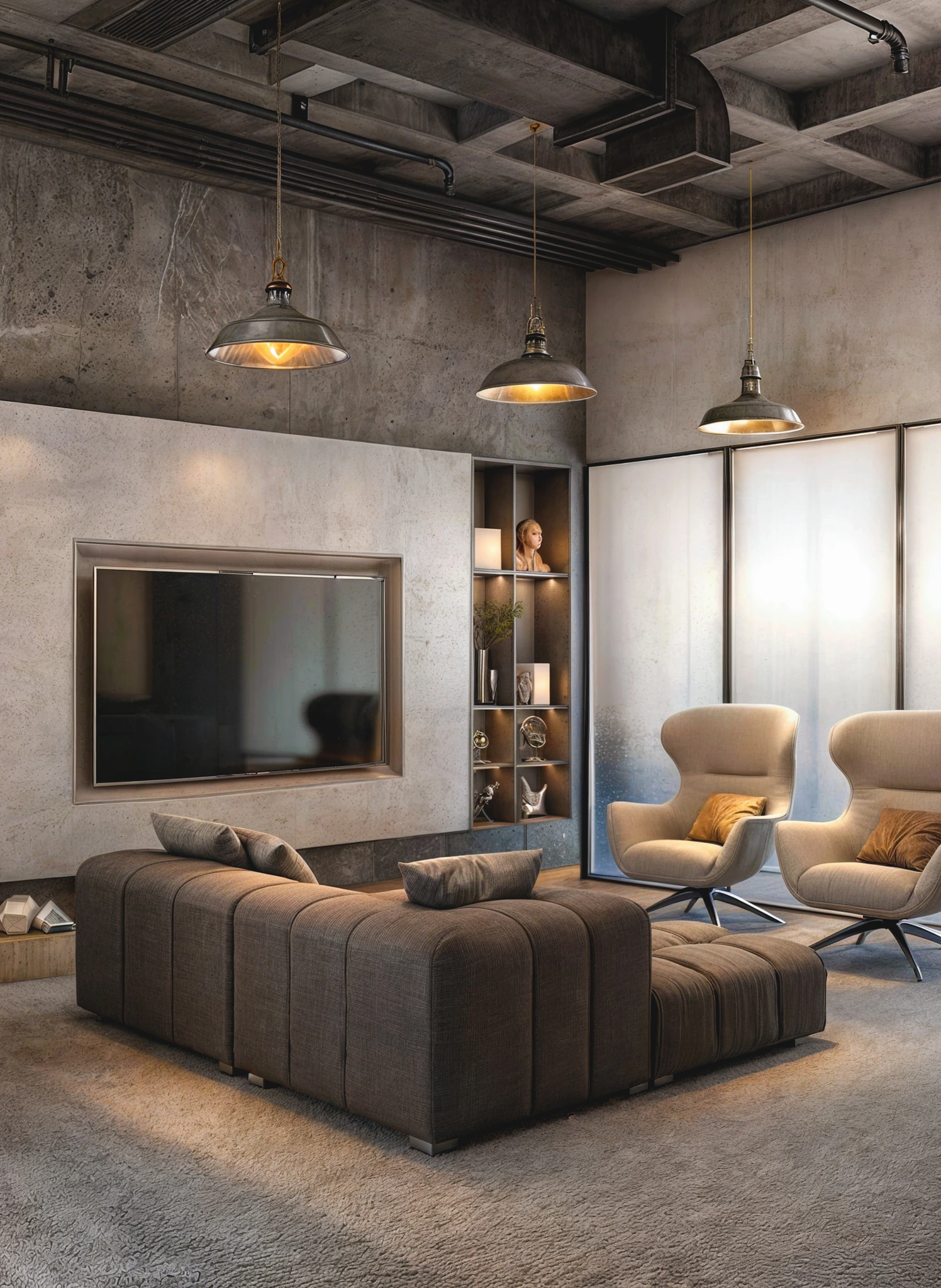 Interior industrial con mobiliario, hormigón y lámparas colgantes