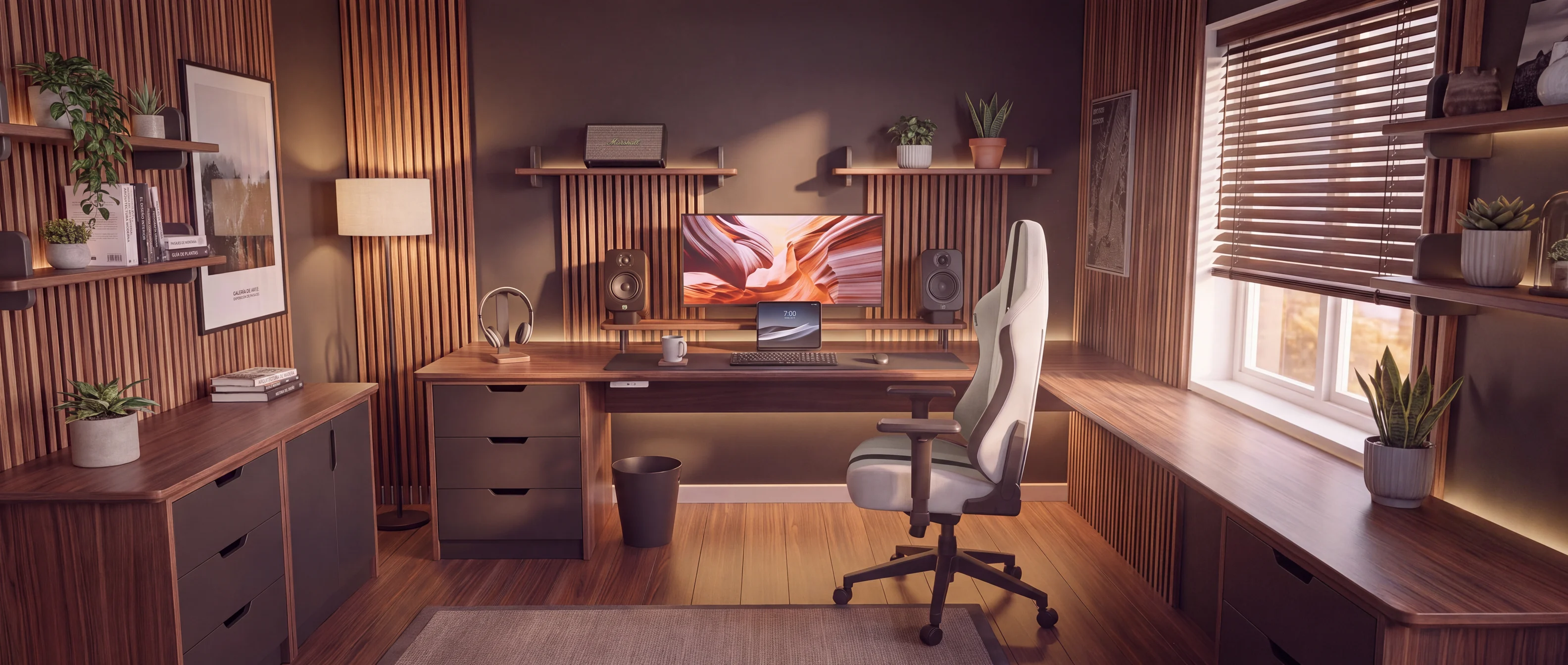 Render final del estudio con materiales, texturas e iluminación cálida
